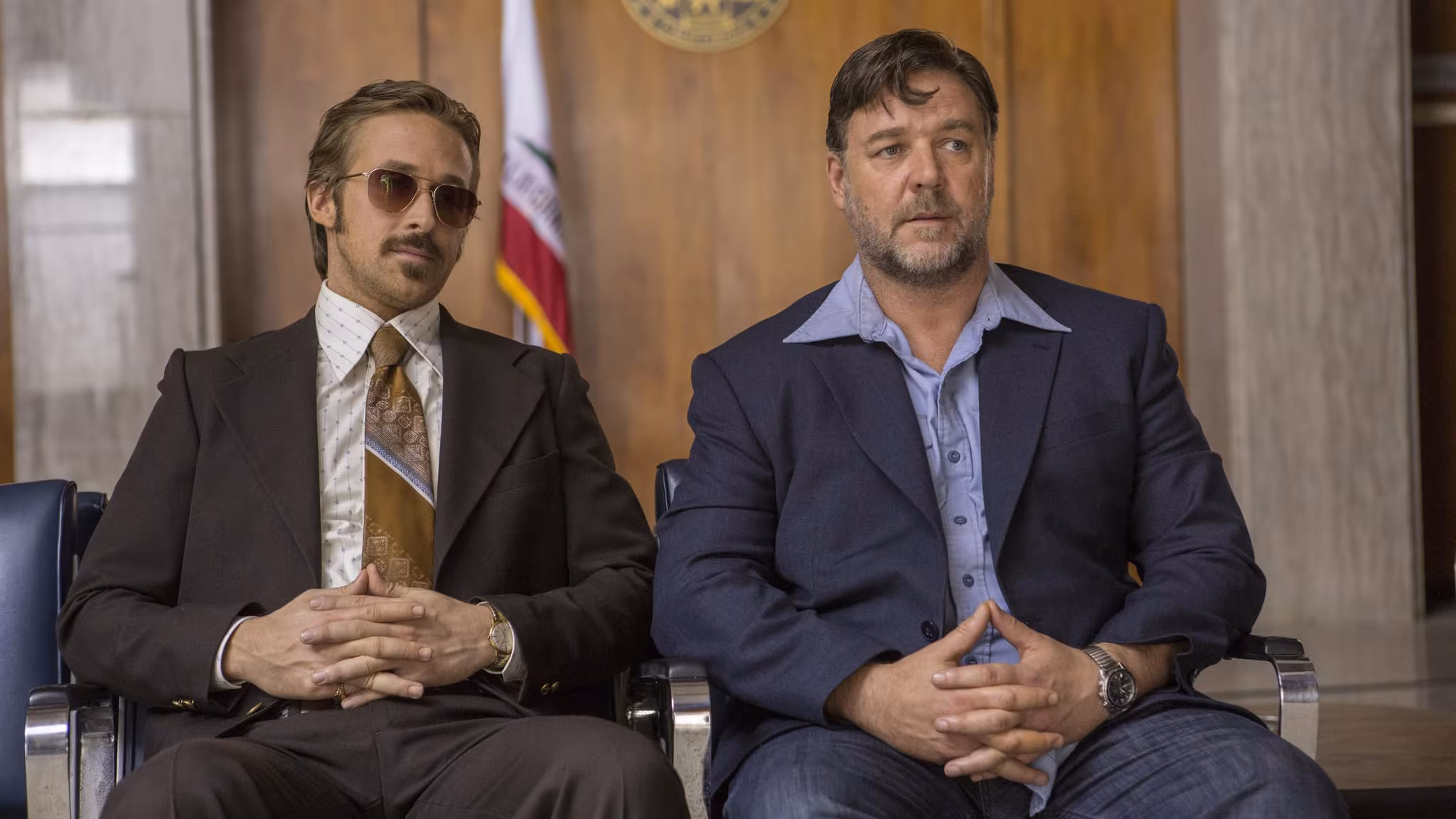 Russell Crowe wearing Omega Speedmaster in The Nice Guys