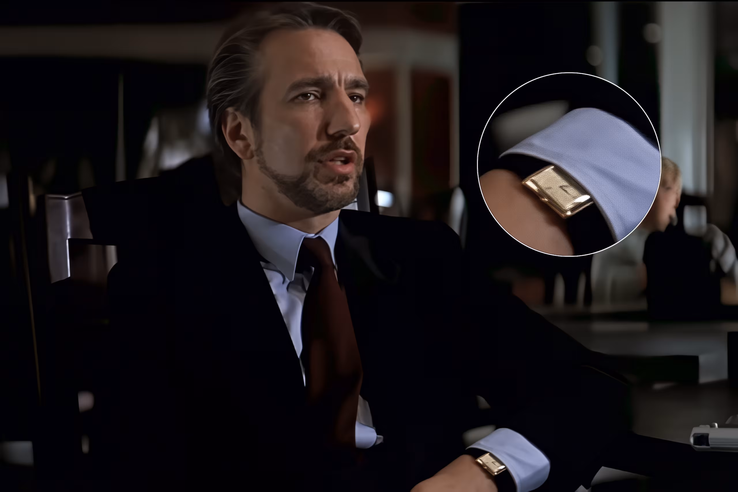 Alan Rickman wearing Cartier Tank in Die Hard