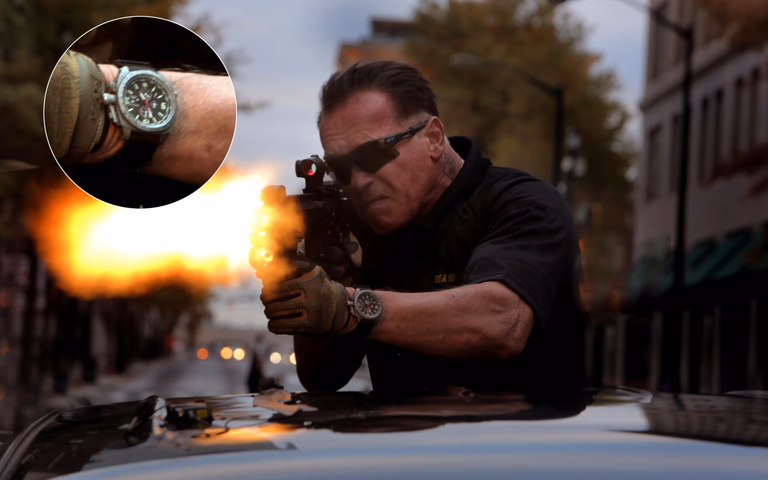 Arnold Schwarzenegger wearing MTM Cobra 47 in Sabotage