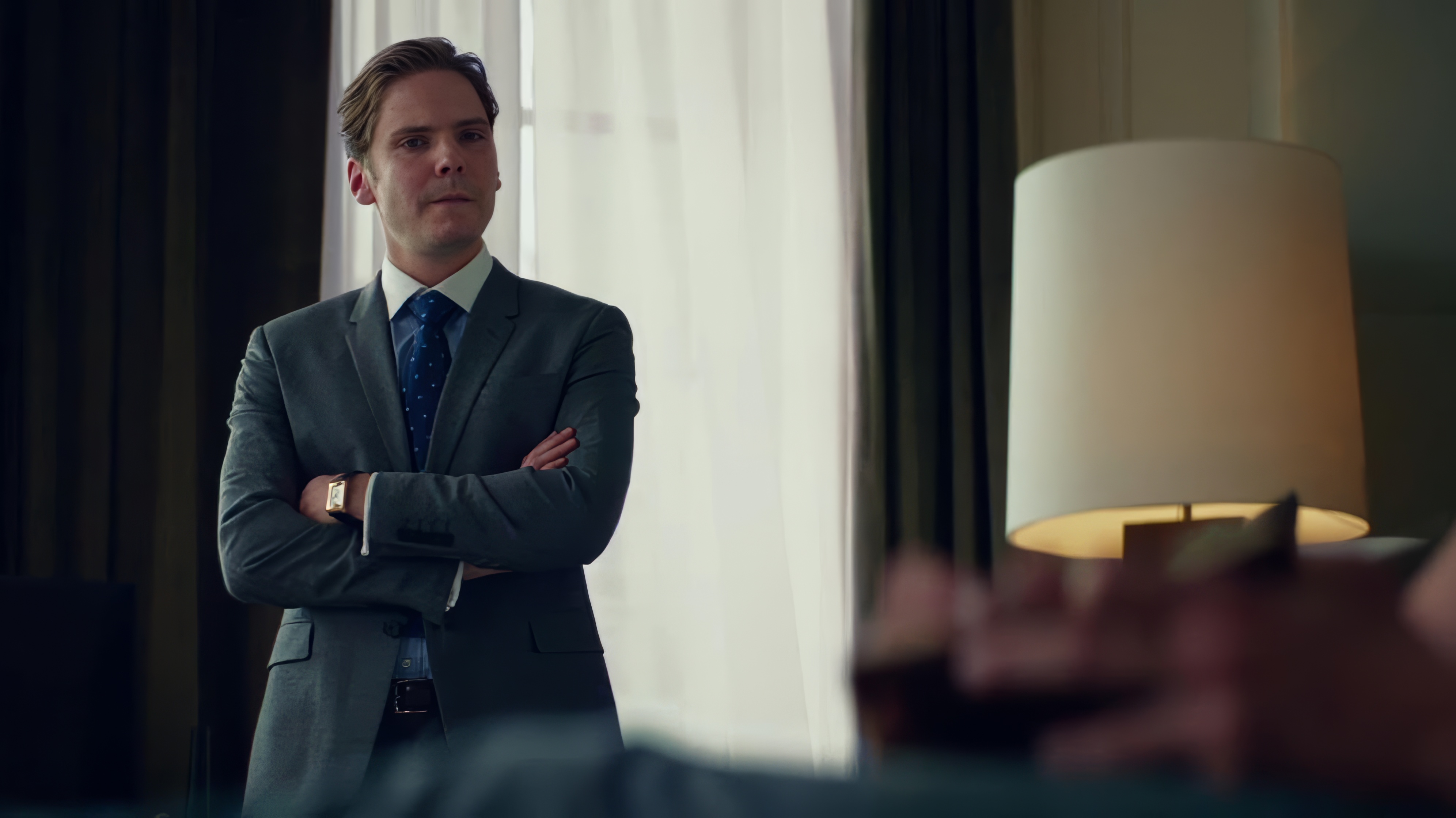 Daniel Brühl wearing Jaeger-LeCoultre Reverso Classic Large Duo in Burnt