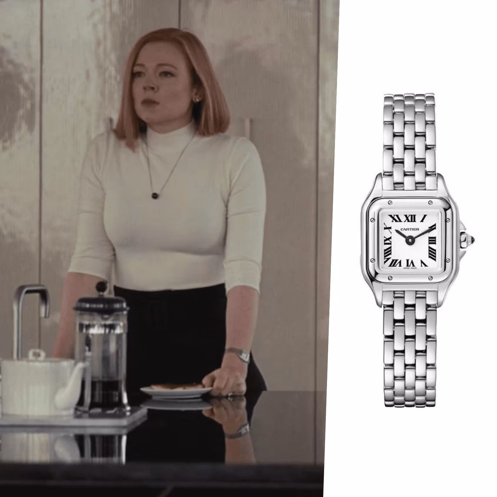 Sarah Snook wearing Cartier Panthère Steel in Succession